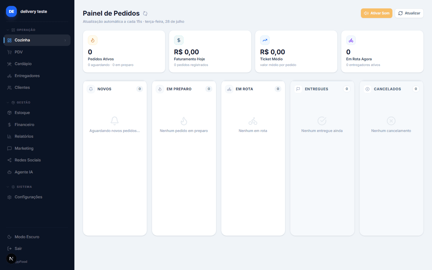 Painel de pedidos do BippFood, mostrando o kanban de pedidos por status