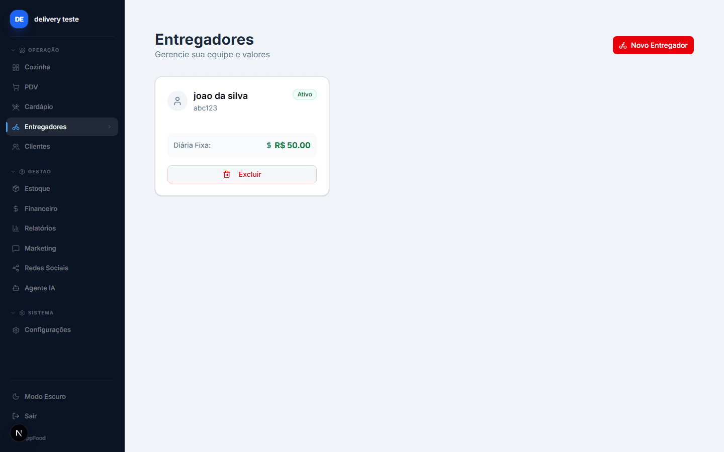Tela de Entregadores do BippFood
